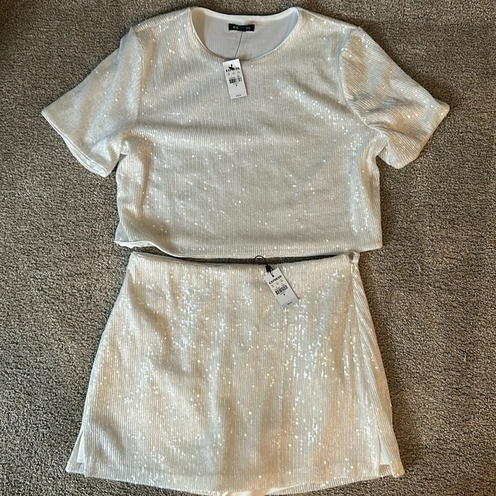 Express off white sequin slot and crop top set! NWT